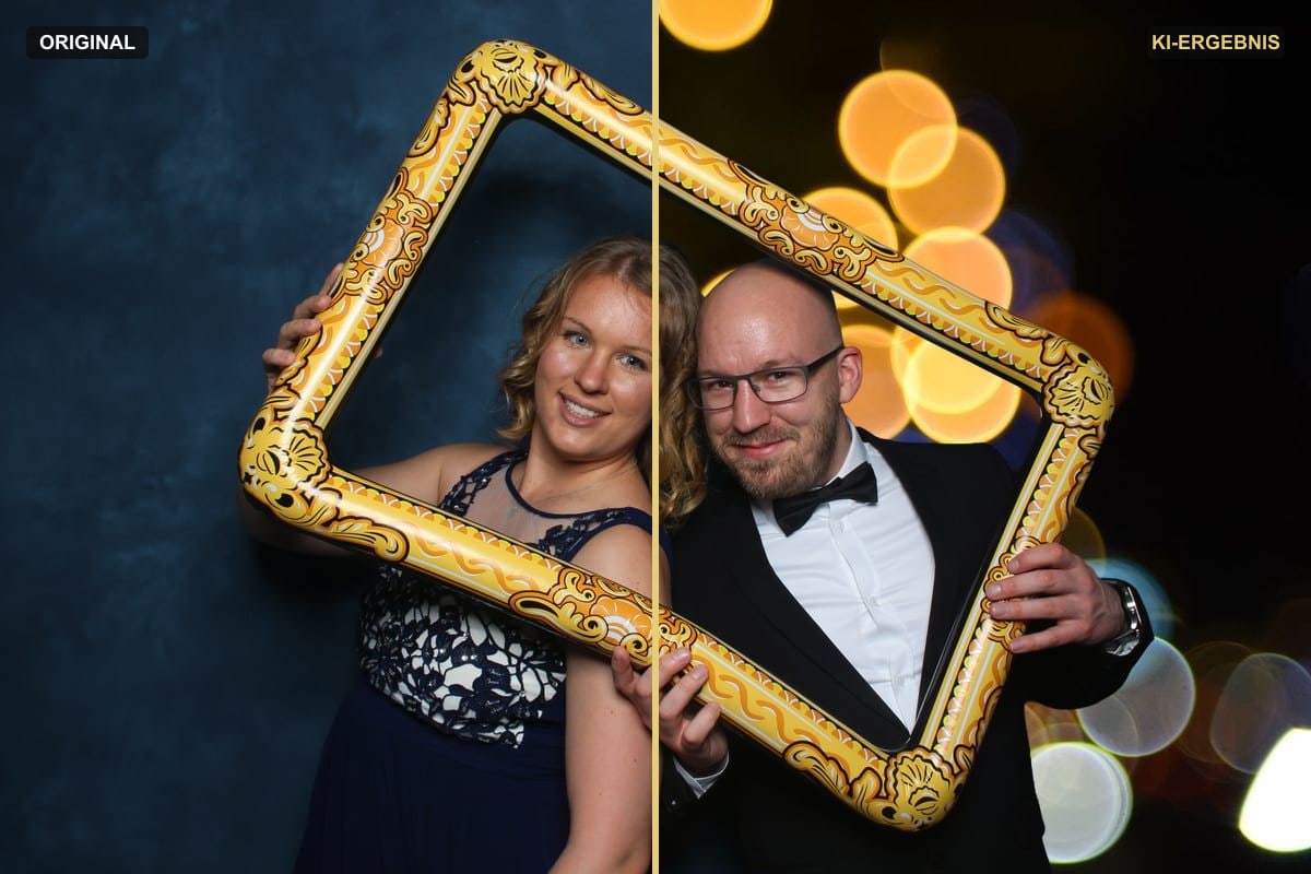 Diagonal geteiltes Beispiel: links Original vor blauem Hintergrund, rechts KI-Ergebnis mit Bokeh-Gold-Kulisse